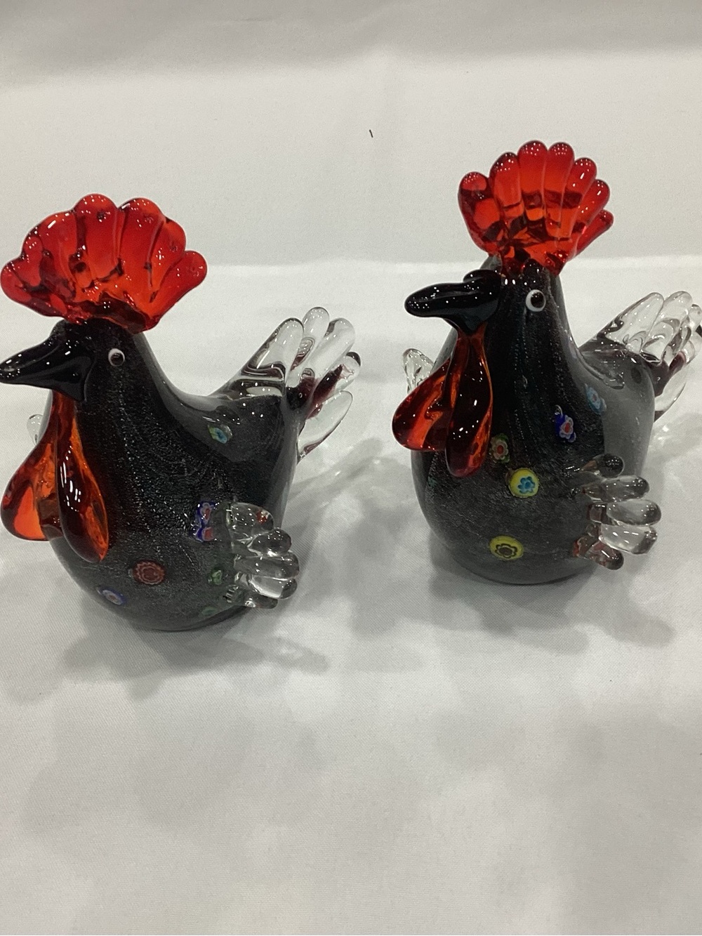 Handblown Glass Rooster Figurines - Black and Red (Pair)